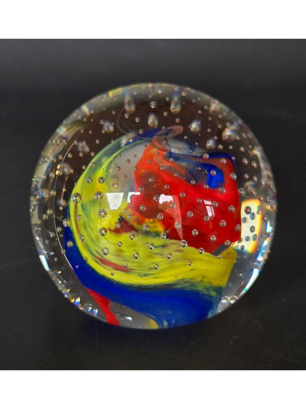 Caithness Scotland Multicolor Art Glass Paperweight With Controlled Bubbles & Sw